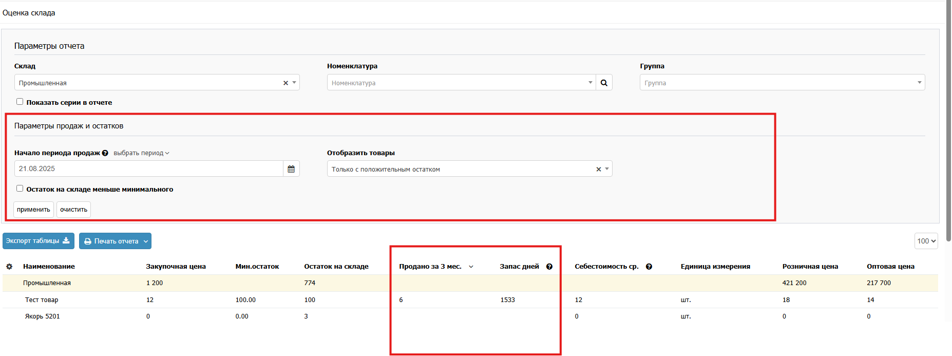 Количество проданных товаров за период и прогноз остатков